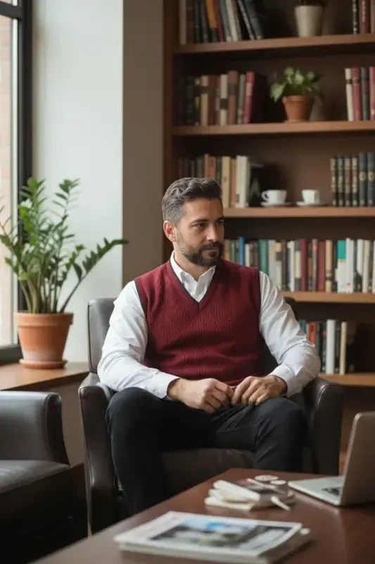 Erkaklar uchun V bo'yinli trikotaj, tüylenmeyen, Regular Fit, soch to'quv Linyis naqshli sviter - 2