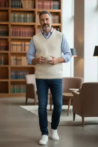 Erkaklar uchun V bo'yinli trikotaj yünü tushib qolmaydigan sviter, oddiy kesim, soch to'qish liniyasi naqshli - 1