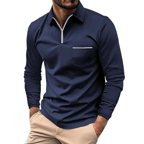 Erkaklar uchun vintage to'qilgan polo ko'ylaklari uzun yengli Slim Fit qovurg'ali golf ko'ylaklari chiziqli tepaliklari cho'ntagiga - 1