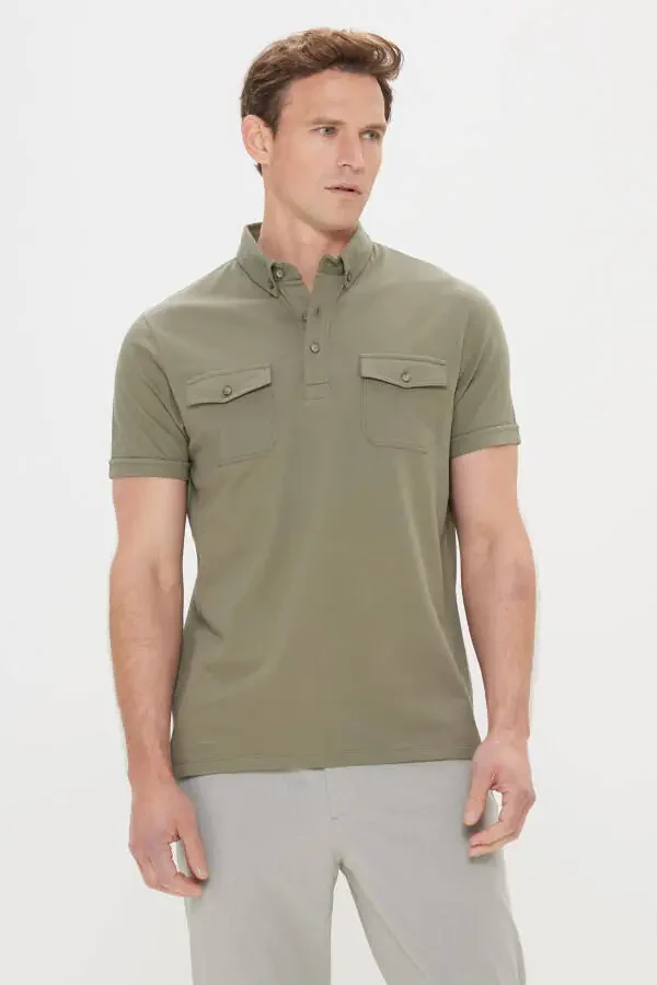 Erkaklar uchun Xaki 100% Paxta Slim Fit Tor Kesim Polo Yaxali Futbolka - 1