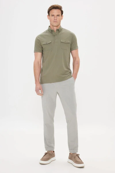 Erkaklar uchun Xaki 100% Paxta Slim Fit Tor Kesim Polo Yaxali Futbolka - 2