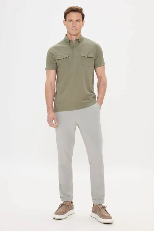 Erkaklar uchun Xaki 100% Paxta Slim Fit Tor Kesim Polo Yaxali Futbolka - 2