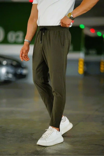 Erkaklar uchun XAKI Elastik Belli Bog'langan Naqshli Elastik Slim Fit Kesim Jogger Shimlari - CEYHANPARK