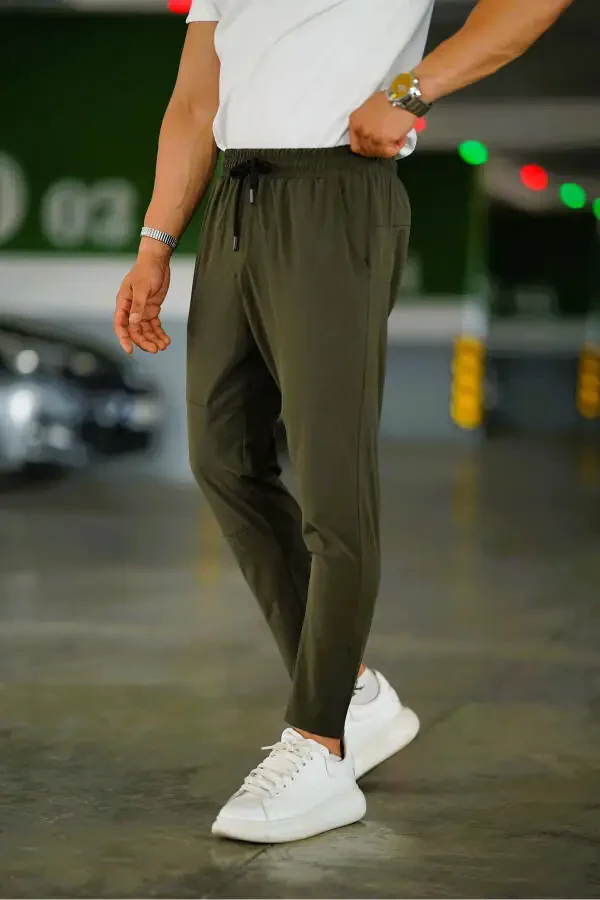Erkaklar uchun XAKI Elastik Belli Bog'langan Naqshli Elastik Slim Fit Kesim Jogger Shimlari - 1