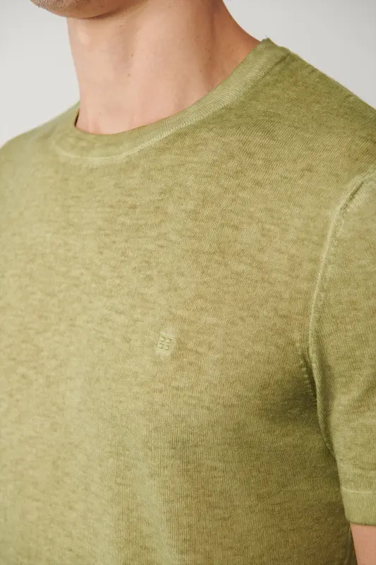 Erkaklar uchun xaki rangli bisiklet yoqali, Garment Dyed bo'yoq effekti bilan, oddiy o'lchamli triko T-shirt A41y5074 - 2