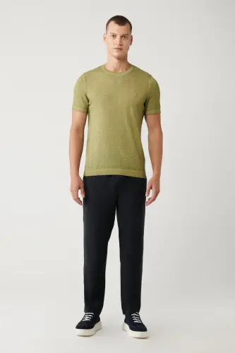 Erkaklar uchun xaki rangli bisiklet yoqali, Garment Dyed bo'yoq effekti bilan, oddiy o'lchamli triko T-shirt A41y5074 - 5