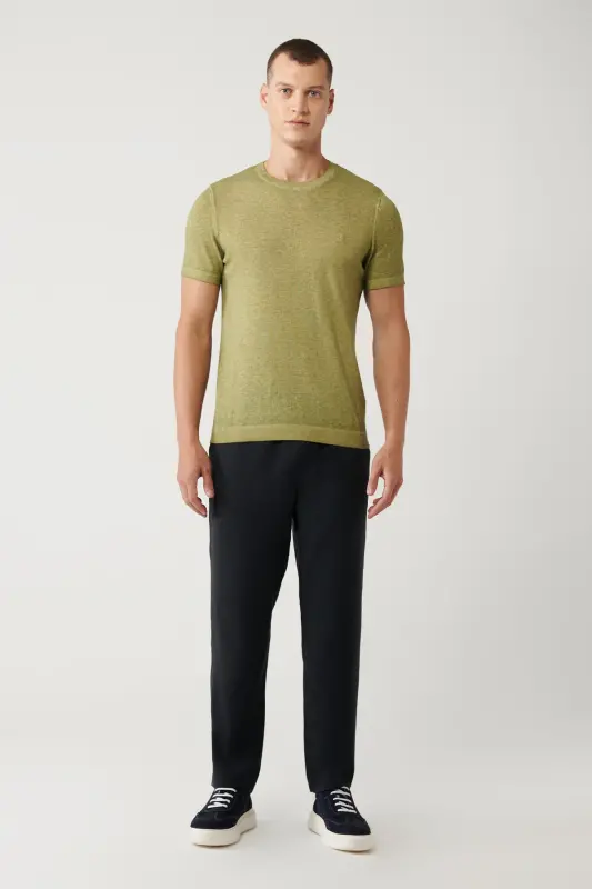 Erkaklar uchun xaki rangli bisiklet yoqali, Garment Dyed bo'yoq effekti bilan, oddiy o'lchamli triko T-shirt A41y5074 - 5