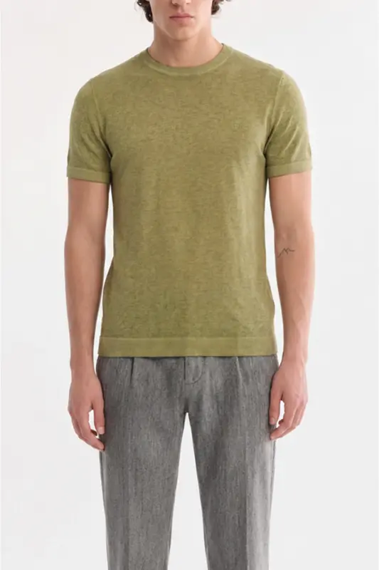 Erkaklar uchun xaki rangli bisiklet yoqali, Garment Dyed bo'yoq effekti bilan, oddiy o'lchamli triko T-shirt A41y5074 - 3