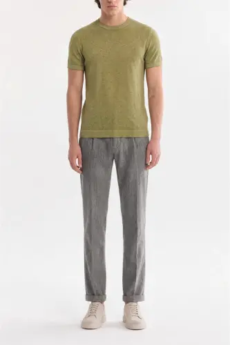 Erkaklar uchun xaki rangli bisiklet yoqali, Garment Dyed bo'yoq effekti bilan, oddiy o'lchamli triko T-shirt A41y5074 - 5