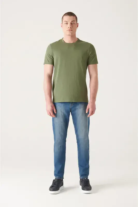 Erkaklar uchun Xaki T-shirt 100% Paxta Nafas Oladigan Krujka Bo'yin Regular Fit E001000 - 6