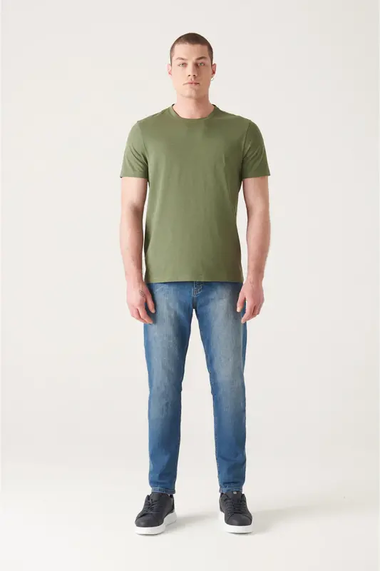 Erkaklar uchun Xaki T-shirt 100% Paxta Nafas Oladigan Krujka Bo'yin Regular Fit E001000 - 6