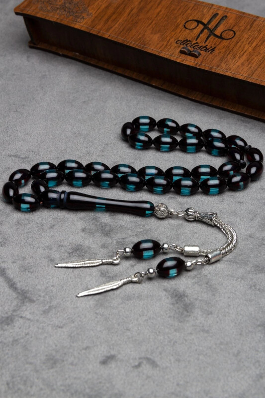 Erkaklar uchun yashil rangli toshlar bilan bezatilgan kehribar tasbeh - 1