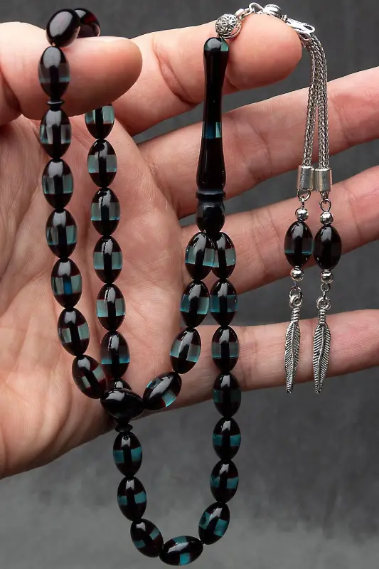 Erkaklar uchun yashil rangli toshlar bilan bezatilgan kehribar tasbeh - 2