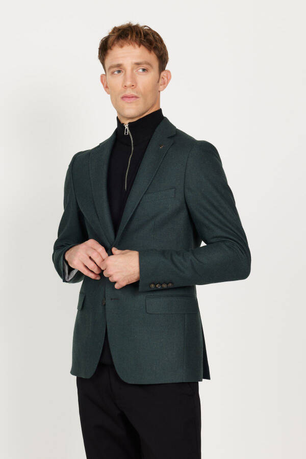 Erkaklar uchun yashil slim fit tor kesimli mono yoqali naqshli jun blazer ko'ylagi - 7