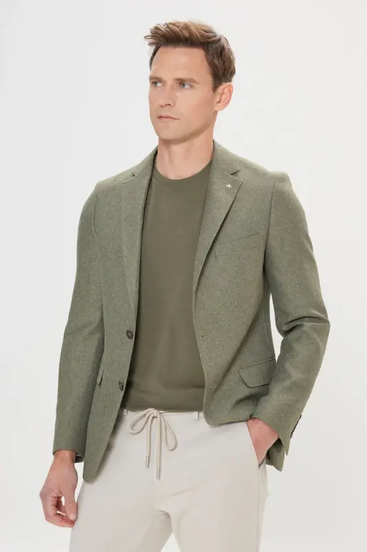 Erkaklar uchun yashil slim fit tor qiyimli mono yoqali naqshli blazer kurtka - yashil - 1
