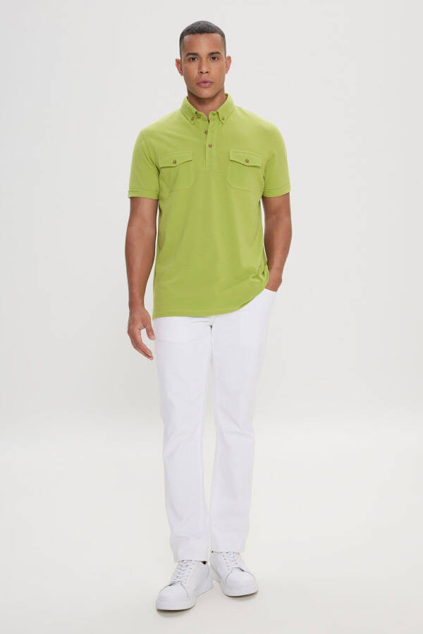 Erkaklar uchun yerfıstığı yashil 100% paxta Slim Fit tor kesimli polo yoqali futbolka - 2