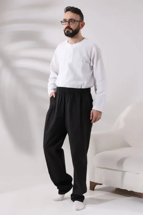 Erkaklar uchun yon tomonli cho'ntakli, bel qismi elastik va erkin kesimli qora kargo shimlar - 6