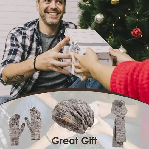 Erkaklar va ayollar uchun Beanie shlyapa sharf sensorli qo'lqoplar to'plami, Fleece astarli issiq qishki Beanie qo'lqoplari uzun bo'yin isitgichi to'plami - 7