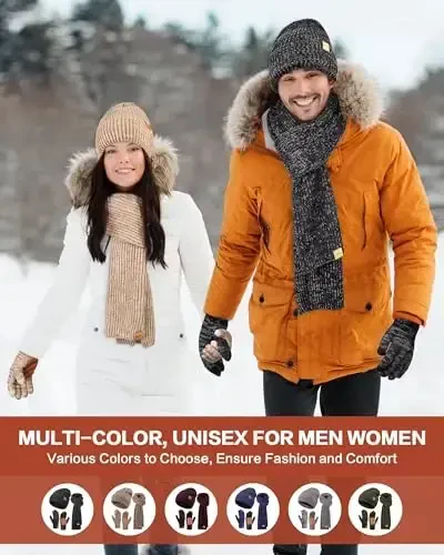 Erkaklar va ayollar uchun qishki shlyapa, qo'lqop, sharf to'plami, jun bilan qoplangan uzun qalin sharfli erkaklar uchun beanie, sovuq havoda sensorli qo'lqoplar, 3 tadan 1 gacha iliq sovg'alar to'plami (Mix-Black) - 6