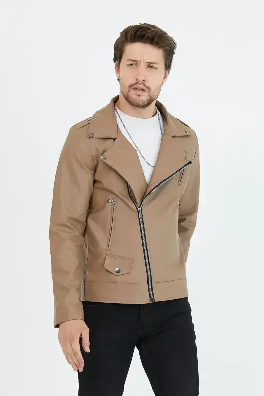 Erkaklar Vizyon Yangi Mavsum Chiziqli Fermuarli Teri Kurtka-Vizyon - 8