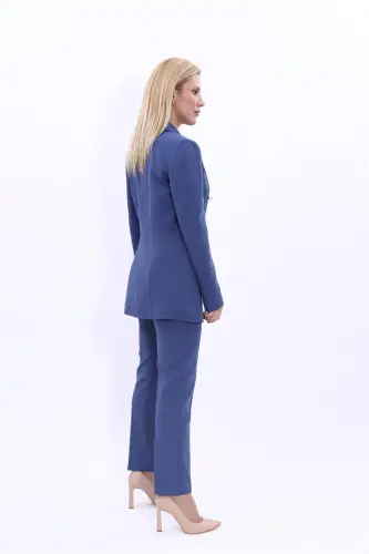 Erkaklar yoqali ikki qatorli tugmali blazer jaket va tor poychali shim - Indigo - Indigo - 4