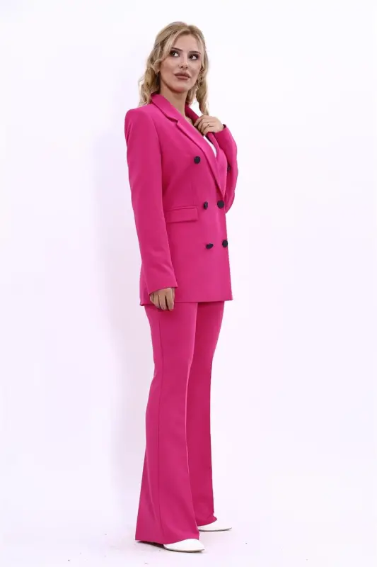 Erkaklar Yoqali Kruvaze Blazer Kurtka & Ispancha Shimli Shim-Fushya - Fushya - 3