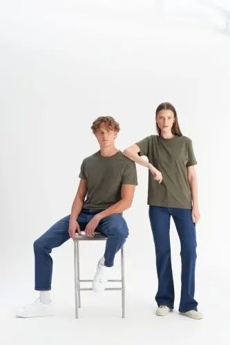 Erkaklar/uniseks Haki 100% paxta Slim Fit tor kesimli velosiped yoqali asosiy futbolka-Haki - 4