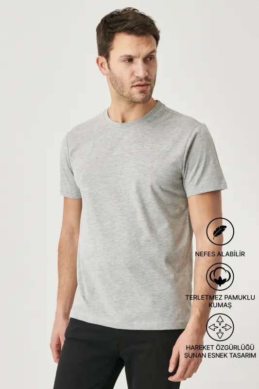 Erkaklar/uniseks Kulrang Melanj Paxtalik Slim Fit Tor Kesimli Velosiped Yoqali Asosiy Futbolka-Kulrang Melanj - 3