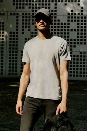 Erkaklar/uniseks Kulrang Melanj Paxtalik Slim Fit Tor Kesimli Velosiped Yoqali Asosiy Futbolka-Kulrang Melanj - 8