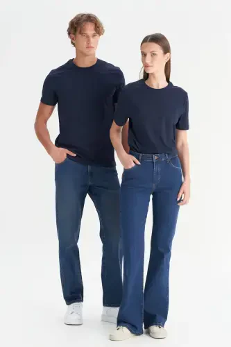 Erkaklar/uniseks to'q ko'k 100% paxta Slim Fit tor kesimli velosiped yoqali asosiy futbolka - to'q ko'k - 6