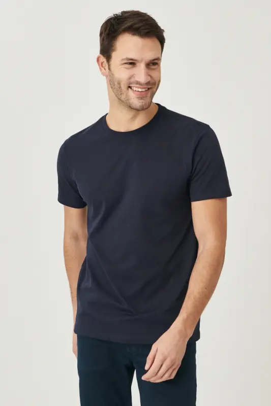 Erkaklar/uniseks to'q ko'k 100% paxta Slim Fit tor kesimli velosiped yoqali asosiy futbolka - to'q ko'k - 10