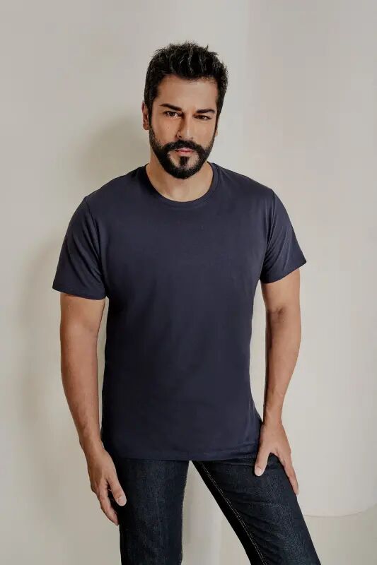Erkaklar/uniseks to'q ko'k 100% paxta Slim Fit tor kesimli velosiped yoqali asosiy futbolka - to'q ko'k - 1