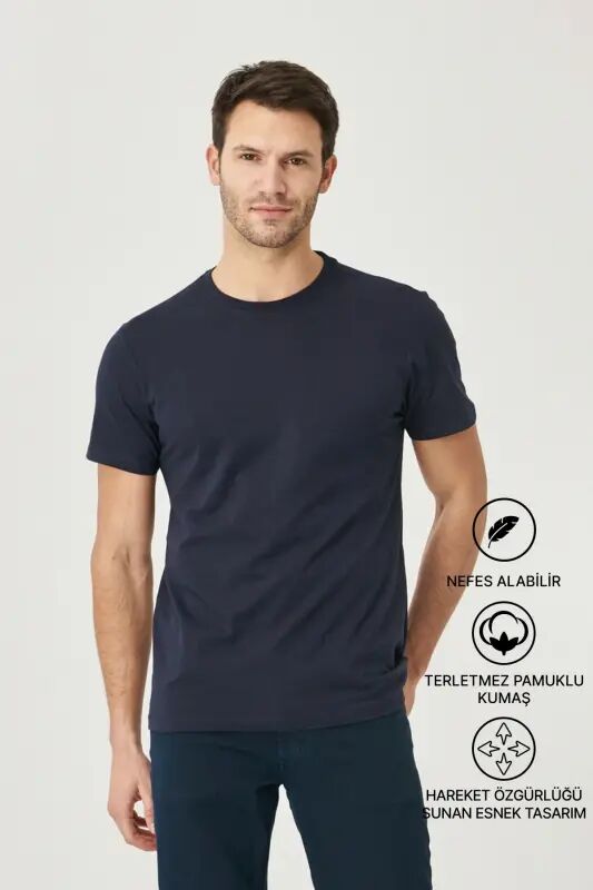 Erkaklar/uniseks to'q ko'k 100% paxta Slim Fit tor kesimli velosiped yoqali asosiy futbolka - to'q ko'k - 3