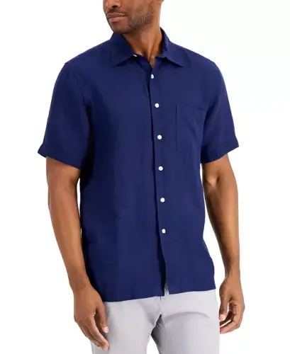 Men's 100% Linen Shirt, Created for Modazone - Navy Blue - 1