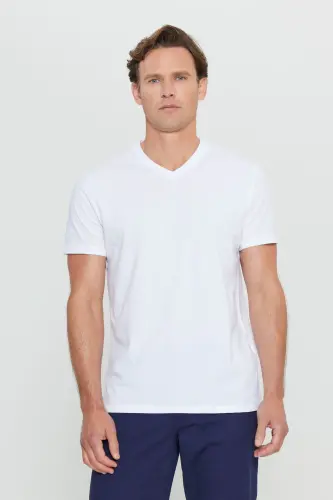 Erkek %100 Pamuk V Yaka Beyaz Slim Fit Dar Kesim Tişört - Beyaz - 2