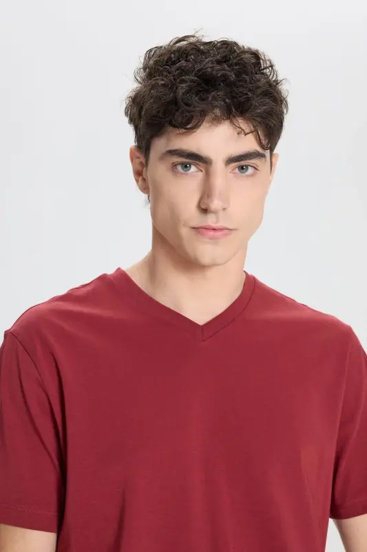 Erkek %100 Pamuk V Yaka Bordo Slim Fit Dar Kesim Tişört - Bordo - 4