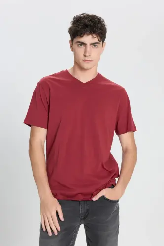Erkek %100 Pamuk V Yaka Bordo Slim Fit Dar Kesim Tişört - Bordo - 1