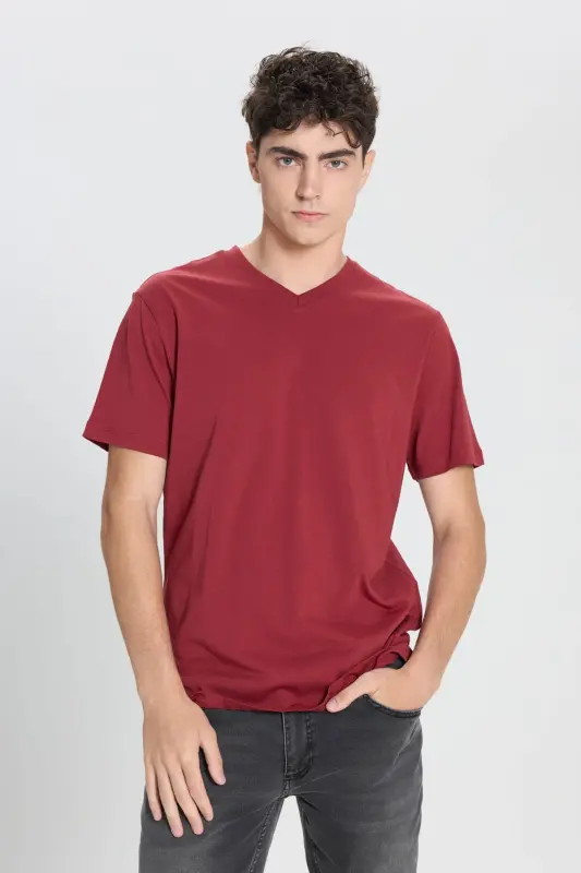 Erkek %100 Pamuk V Yaka Bordo Slim Fit Dar Kesim Tişört - Bordo - 1