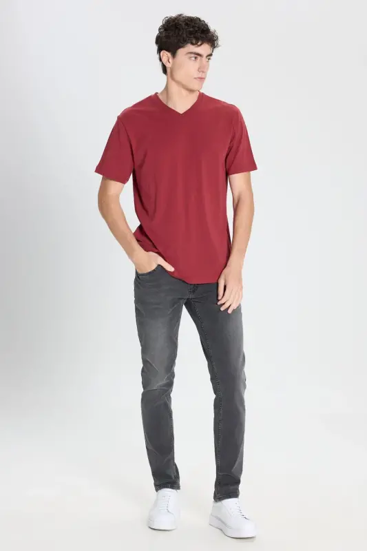 Erkek %100 Pamuk V Yaka Bordo Slim Fit Dar Kesim Tişört - Bordo - 2