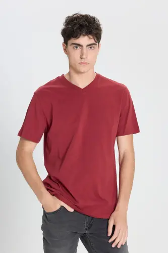 Erkek %100 Pamuk V Yaka Bordo Slim Fit Dar Kesim Tişört - Bordo - 3