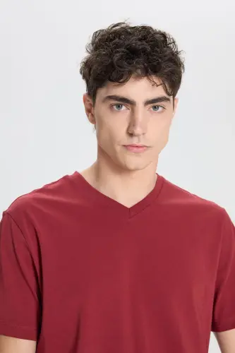 Erkek %100 Pamuk V Yaka Bordo Slim Fit Dar Kesim Tişört - Bordo - 4