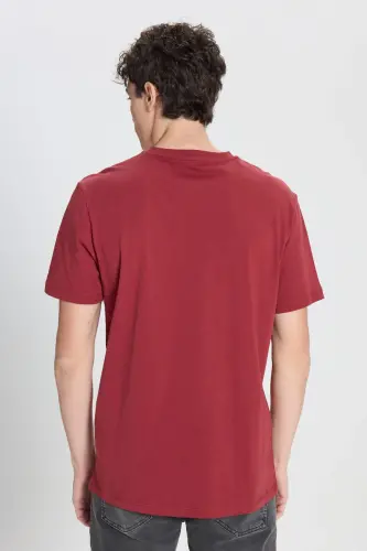 Erkek %100 Pamuk V Yaka Bordo Slim Fit Dar Kesim Tişört - Bordo - 5