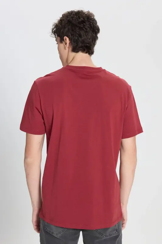 Erkek %100 Pamuk V Yaka Bordo Slim Fit Dar Kesim Tişört - Bordo - 5