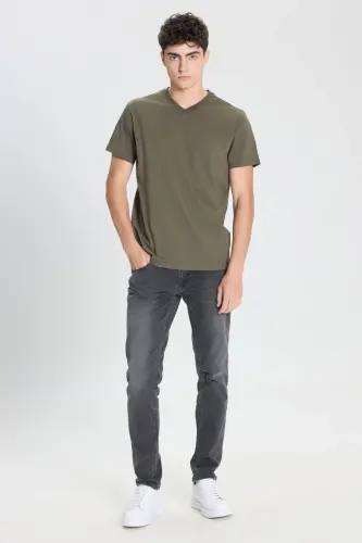 Erkek %100 Pamuk V Yaka Haki Slim Fit Dar Kesim Tişört - Haki - 2