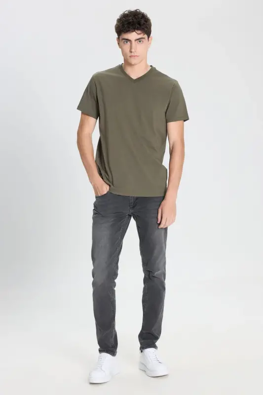Erkek %100 Pamuk V Yaka Haki Slim Fit Dar Kesim Tişört - Haki - 2