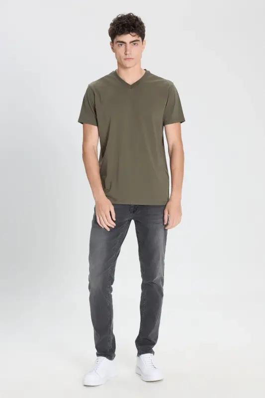 Erkek %100 Pamuk V Yaka Haki Slim Fit Dar Kesim Tişört - Haki - 3