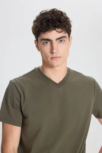 Erkek %100 Pamuk V Yaka Haki Slim Fit Dar Kesim Tişört - Haki - 4