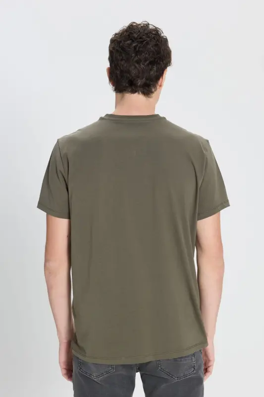 Erkek %100 Pamuk V Yaka Haki Slim Fit Dar Kesim Tişört - Haki - 5