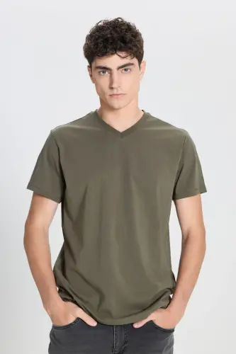 Erkek %100 Pamuk V Yaka Haki Slim Fit Dar Kesim Tişört-Haki 