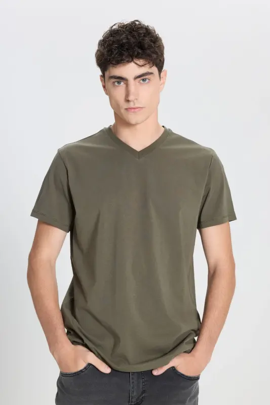 Erkek %100 Pamuk V Yaka Haki Slim Fit Dar Kesim Tişört-Haki - 1
